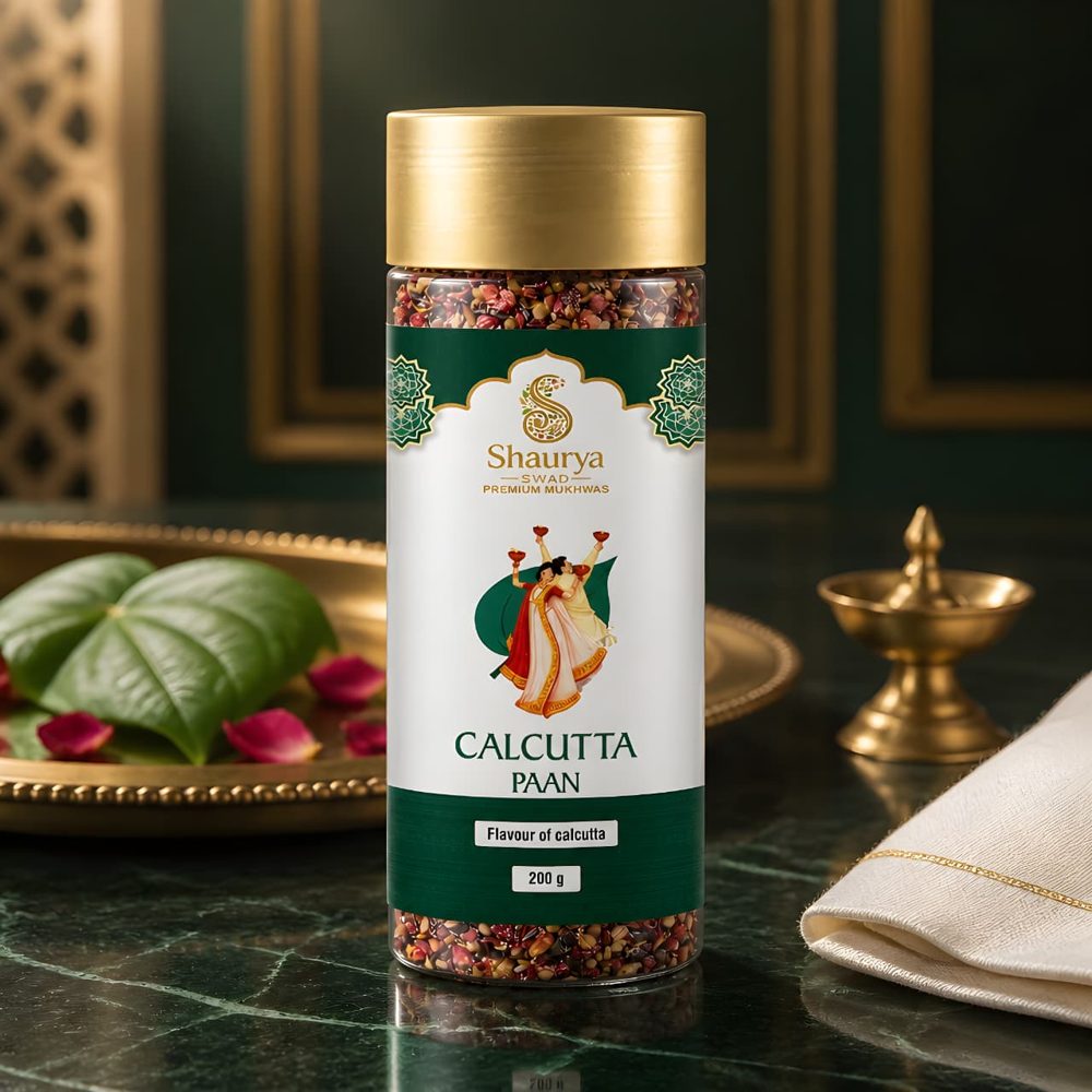 Shaurya Swad Calcutta Paan 200g bottle styled with paan leaves and a brass diya